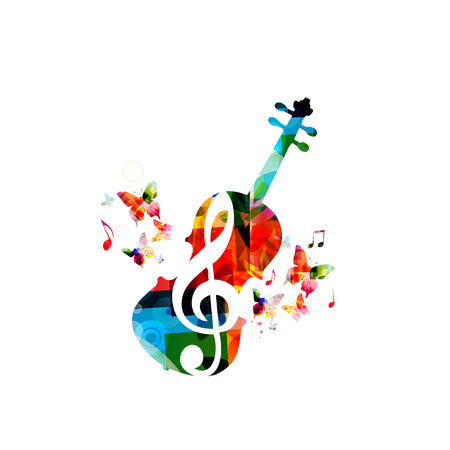 Music colorful background with music notes and violoncello vector illustration design. Music festival poster, creative cello designのイラスト素材