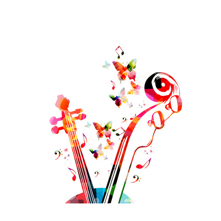 Music colorful background with music notes and violoncelo pegbox and scroll vector illustration design. Music festival poster, live concert, creative cello neck designのイラスト素材
