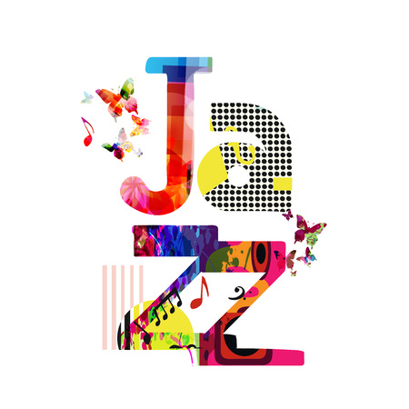 Jazz music typographic colorful background vector illustration. Artistic music festival poster, live concert, creative banner design. Word jazzのイラスト素材