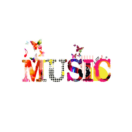 Music typographic colorful background vector illustration. Artistic music festival poster, live concert, creative banner design. Word musicのイラスト素材