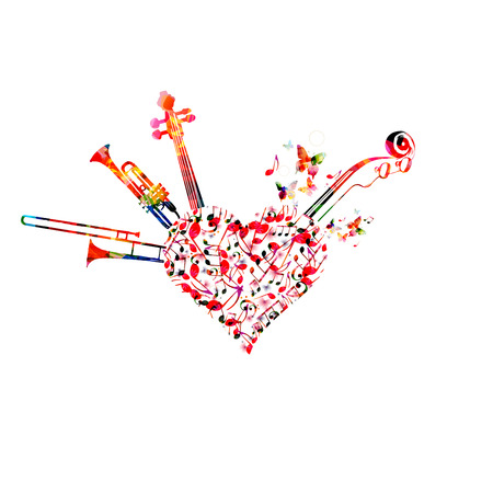 Music colorful background with music notes, trumpet, trombone and violoncelo pegbox and scroll vector illustration design. Music festival poster, live concert, creative designのイラスト素材