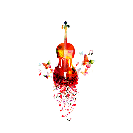 Music colorful background with music notes and violoncello vector illustration design. Artistic music festival poster, live concert, creative cello designのイラスト素材
