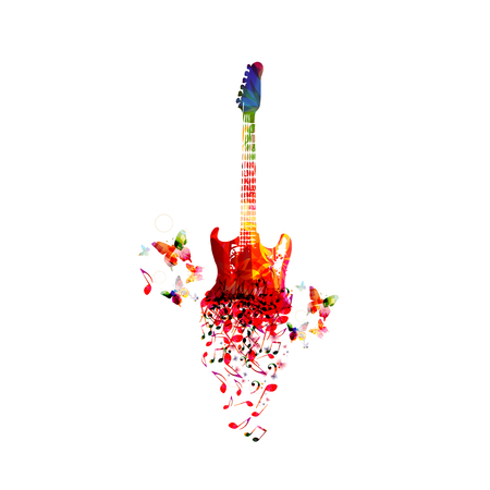 Music colorful background with music notes and guitar vector illustration design. Artistic music festival poster, live concert, creative electric guitar designのイラスト素材