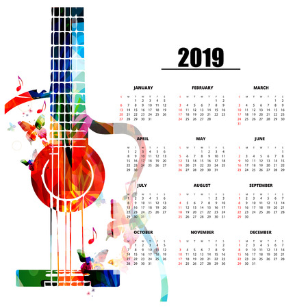 Calendar planner 2019 template with colorful guitar. Music themed calendar poster, week starts Sunday. Calendar layout for 2019 isolated, vector illustration backgroundのイラスト素材