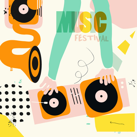 Music colorful background for dj mixing flat vector illustration. Artistic music festival poster, concert, creative design with gramophone and dj mixer. Party flyerのイラスト素材