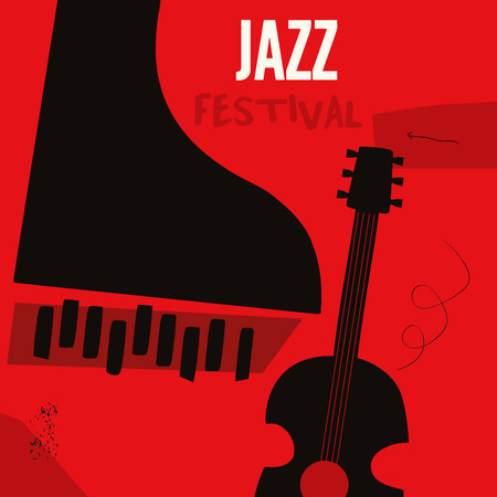 Music background with music instruments flat vector illustration. Artistic music festival poster, live concert, listening to music, creative design with guitar and piano. Party flyerのイラスト素材