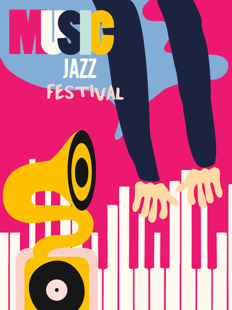 Music colorful background flat vector illustration. Artistic music festival poster, live concert, listening to music, creative design with gramophone and pianoのイラスト素材