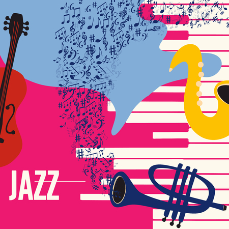 Music colorful background with music instruments flat vector illustration. Artistic music festival poster, live concert, creative design with saxophone, trumpet, violoncello, piano and music notesのイラスト素材