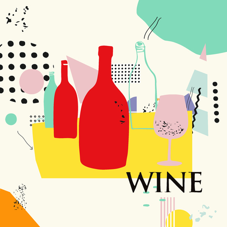 Wine and cocktails colorful background flat vector illustration. Party flyer, wine tasting event, wine festival and celebrations poster design for brochure, invitation card, menu, promotion bannerのイラスト素材
