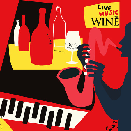 Music and wine colorful background flat vector illustration. Party flyer, jazz music club, wine tasting event, wine festival and celebrations poster design for brochure, invitation card, menuのイラスト素材
