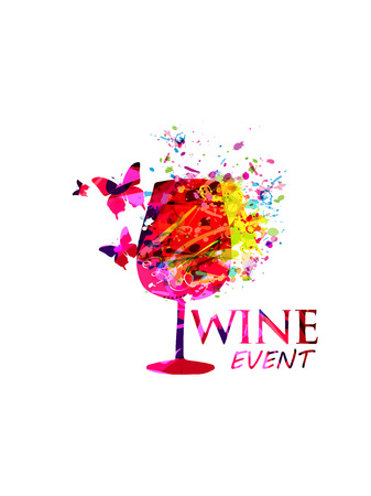 Colorful wine glass background flat vector illustration. Party flyer, wine tasting event, wine festival and celebrations, restaurant poster design for brochure, invitation card, menu, promotion bannerのイラスト素材