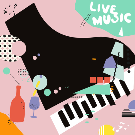 Live music and wine background flat vector illustration. Party flyer, music club, wine tasting event, wine festival and celebrations poster for brochure, invitation card, promotion banner, menuのイラスト素材