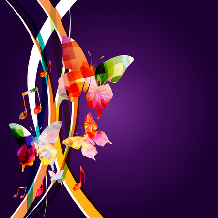 Music background with colorful music notes and butterflies vector illustration design. Artistic music festival poster, live concert events, music notes signs and symbolsのイラスト素材