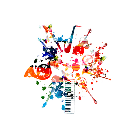 Music instruments background. Colorful piano keyboard, guitar, french horn, Portuguese guitar, microphone, saxophone, violoncello, banjo, trumpet, mandolin isolated vector illustration designのイラスト素材