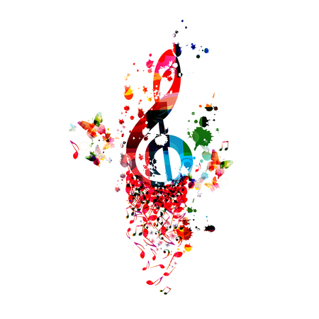 Music background with colorful G-clef and music notes vector illustration design. Artistic music festival poster, live concert events, party flyer, music notes signs and symbolsのイラスト素材