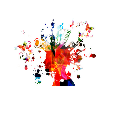 Music instruments background with music notes. Colorful double bell euphonium, violoncello, trumpet, piano keyboard, euphonium, saxophone and guitar with human head isolated vector illustration designのイラスト素材