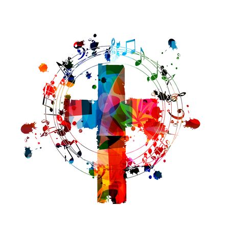 Colorful christian cross with music notes isolated vector illustration. Religion themed background. Design for gospel church music, concert, festival, choir singing, Christianity, prayerのイラスト素材