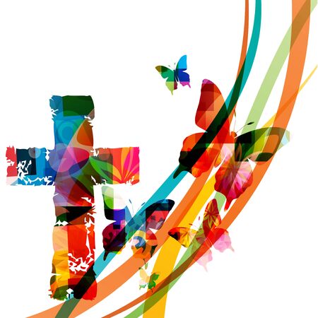 Colorful christian cross with butterflies isolated vector illustration. Religion themed background. Design for Christianity, church charity, help and support, prayer and careのイラスト素材
