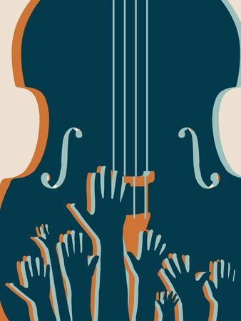 Music festival poster with violoncello and hands flat vector illustration design. Music background for live shows, concert events, party flyer, brochure, promotion bannerのイラスト素材