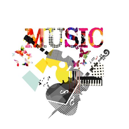 Colorful music promotional poster with music instruments isolated vector illustration. Artistic abstract background for music show, live concert events, party flyer design templateのイラスト素材