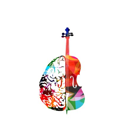 Colorful music promotional poster with violoncello and human brain isolated vector illustration. Artistic abstract background for composing,music show, live concert events, party flyer design templateのイラスト素材