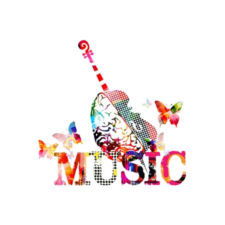 Colorful music promotional poster with violoncello and human brain isolated vector illustration. Artistic abstract background for composing,music show, live concert events, party flyer design templateのイラスト素材