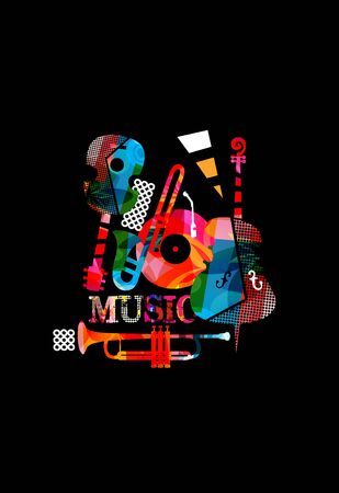 Music promotional poster with colorful instruments vector illustration. Artistic music background, music show, live concert events, party flyer design templateのイラスト素材