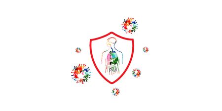 Coronavirus, COVID-19 microbe symbol isolated vector illustartion. Pathogen respiratory infection coronavirus prevention web banner, COVID -19 influenza pandemic poster backgroundのイラスト素材