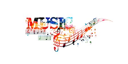 Colorful music promotional poster with G-clef and music notes isolated vector illustration. Artistic abstract background with music staff for music show, live concert events, party flyer templateのイラスト素材