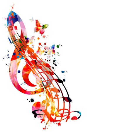 Colorful music promotional poster with G-clef and music notes isolated vector illustration. Artistic abstract background with music staff for music show, live concert events, party flyer templateのイラスト素材