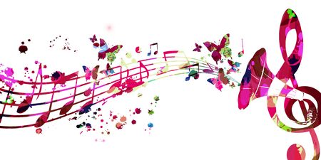Colorful music promotional poster with music notes and gramphone horn isolated vector illustration. Artistic abstract background for live concert events, music show and festival, party flyerのイラスト素材
