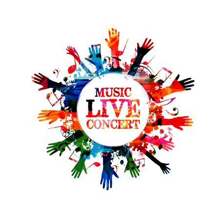 Music banner with colorful music notes and hands vector illustration design. Artistic music festival poster, live concert events, party flyer, music notes signs and symbols with crowd of peopleのイラスト素材
