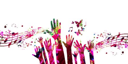 Music background with colorful music notes and hands vector illustration design. Artistic music festival poster, live concert events, party flyer, music notes signs and symbols with crowd of peopleのイラスト素材