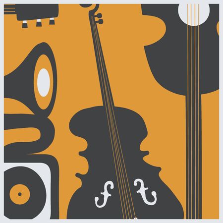 Music promotional poster with musical instruments vector illustration. Artistic background for live concert events and festivals, music show, party flyer with guitar, violoncello and gramophoneのイラスト素材