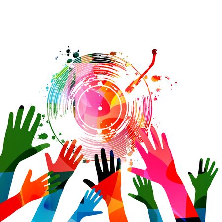 Colorful music promotional poster with hands and vinyl record disc isolated vector illustration. Artistic background for concerts, music festivals, shows, events, party flyerのイラスト素材