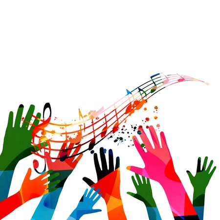 Music background with colorful G-clef, music notes and hands vector illustration design. Artistic music festival poster, live concert events, party flyer, music notes signs and symbolsのイラスト素材
