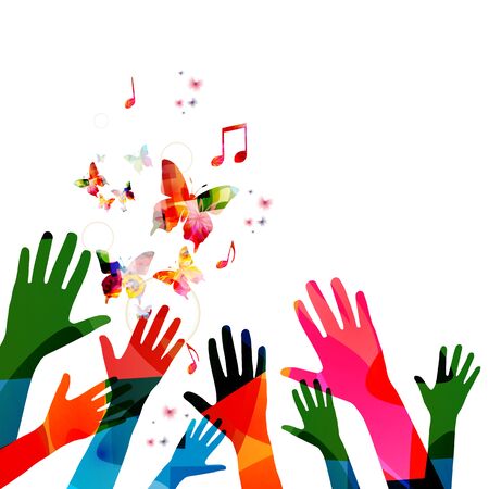 Music background with colorful music notes and hands vector illustration design. Artistic music festival poster, live concert events, party flyer, music notes signs and symbols with butterfliesのイラスト素材
