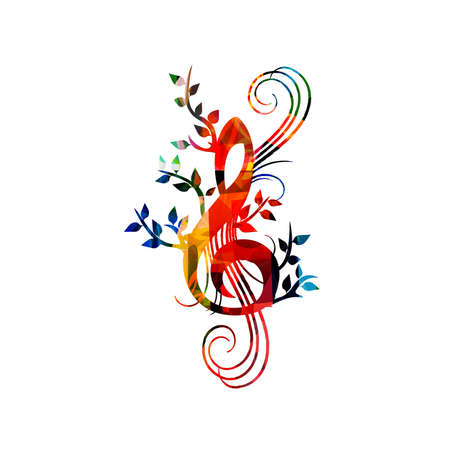 Colorful music promotional poster with G-clef isolated vector illustration. Artistic abstract background with treble clef for live concert events, music festivals and shows, party flyer templateのイラスト素材