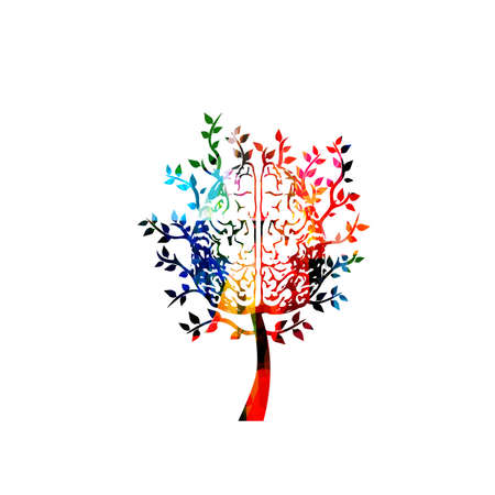 Colorful human brain with leaves vector illustration background. Creative thinking, brainstorming and smart ideas, innovative solutions, education and learning. Mental health conceptのイラスト素材
