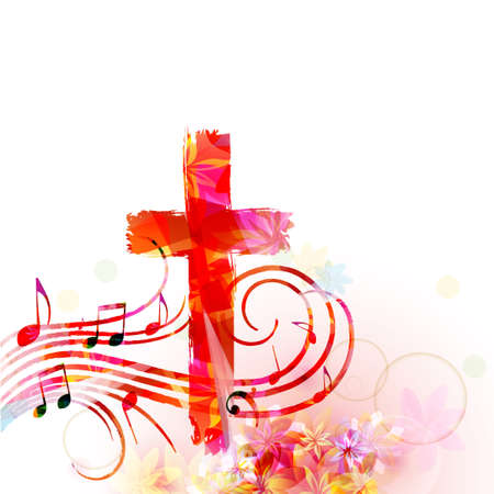 Colorful christian cross with music notes isolated vector illustration. Religion themed background. Design for gospel church music, choir singing, concert, festival, Christianity, prayerのイラスト素材