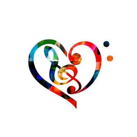 Colorful musical promotional poster with G-clef and heart isolated vector illustration. Artistic background with G-clef for live concert events, music festivals and shows, party flyer templateのイラスト素材