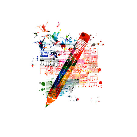 Colorful pencil with musical notes isolated. Creative writing, composing music, education concept vector illustrationのイラスト素材