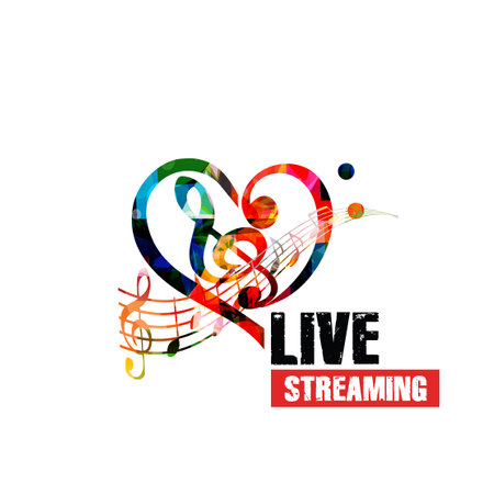 Colorful musical promotional poster background with musical notes isolated vector illustration. Live streaming banner for music festivals, shows and concert eventsのイラスト素材
