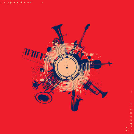 Musical promotional poster with musical instruments and lp vinyl recordのイラスト素材