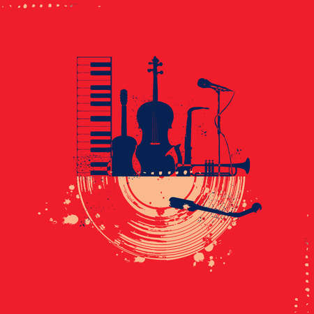 Musical promotional poster with musical instruments and lp vinyl recordのイラスト素材