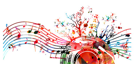 Colorful musical promotional poster with vinyl record disc and musical notesのイラスト素材