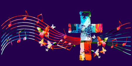 Colorful Christian cross with musical notes