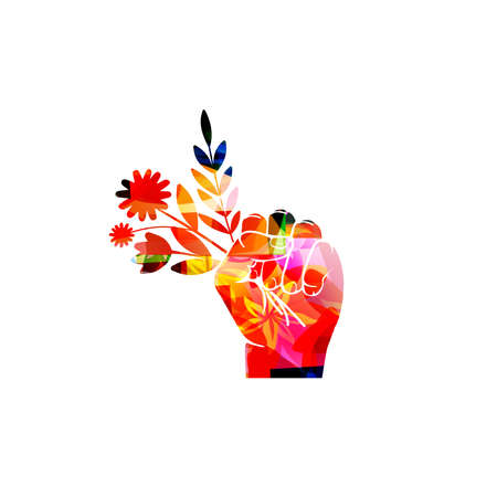 Ecology, environmentally themed poster, nature protection concept. Colorful fist with leaves and flowers vector illustration. Ecology protestのイラスト素材