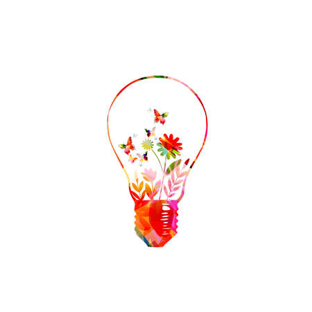 Energy saving eco lamp, colorful light bulb with sprout and leaves, ecology themed vector illustration, environmentally friendly conceptのイラスト素材