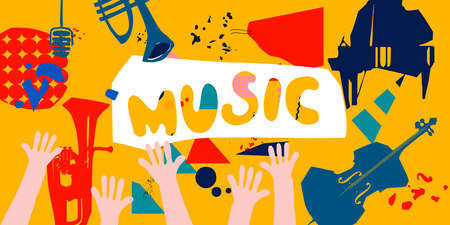 Music promotional banner with musical instruments colorful vector illustration. Violoncello, piano,...